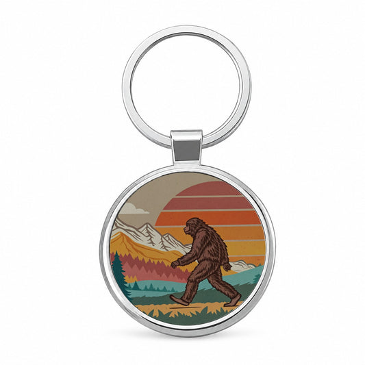 Funny Retro Sasquatch Bigfoot Walking Round Metal Keychain