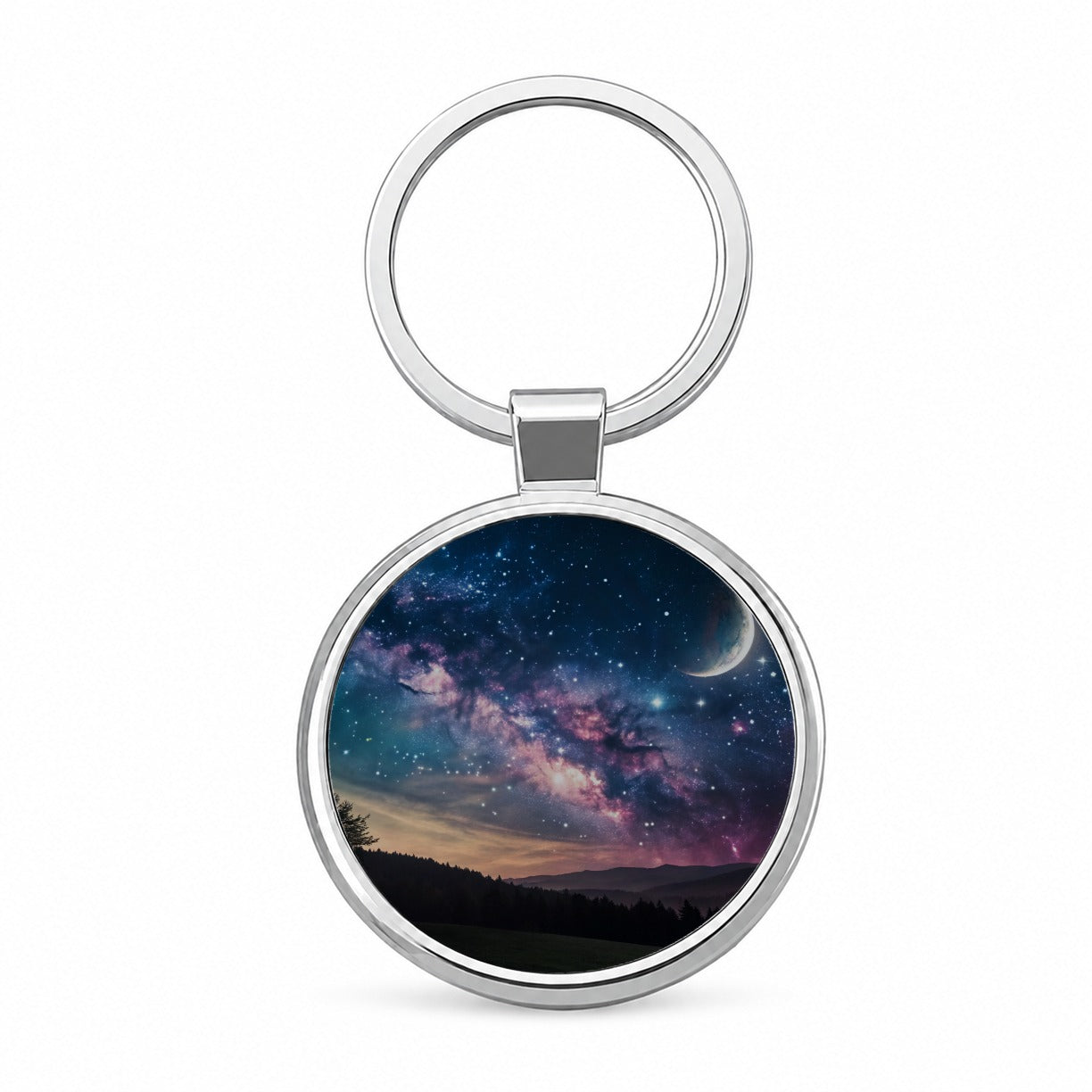 Galaxy Night Sky Crescent Moon Round Metal Keychain