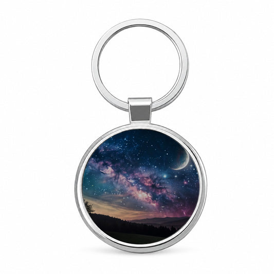Galaxy Night Sky Crescent Moon Round Metal Keychain