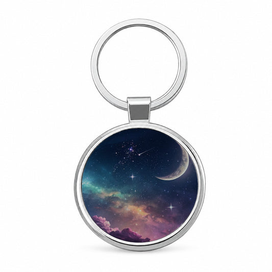 Galaxy Night Sky Moon Round Metal Keychain