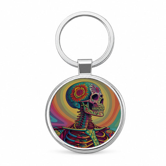 Halloween Psychedelic Skeleton Round Metal Keychain