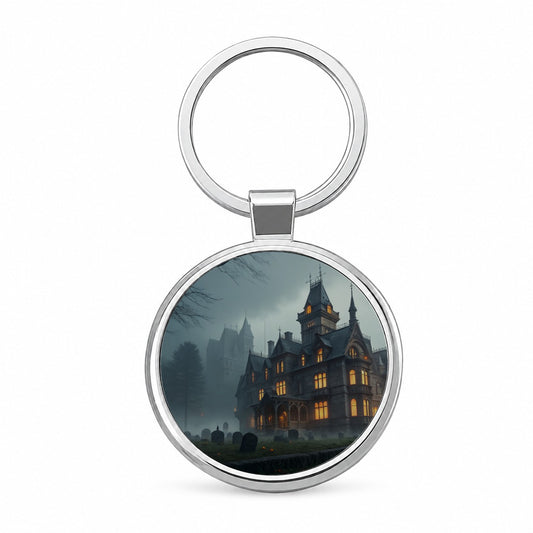 Haunted Victorian Mansion Halloween Round Metal Keychain