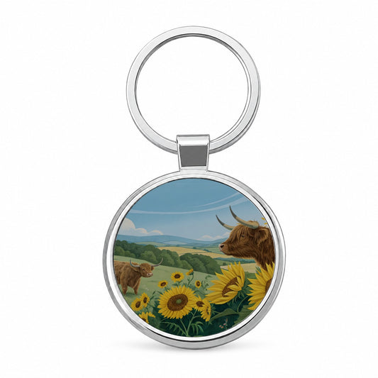 Highland Cows Sunflowers Field Round Metal Keychain