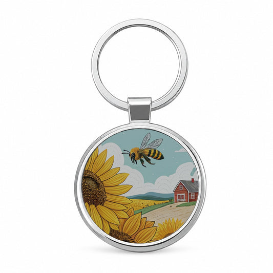 Honeybee Sunflower Farm Round Metal Keychain