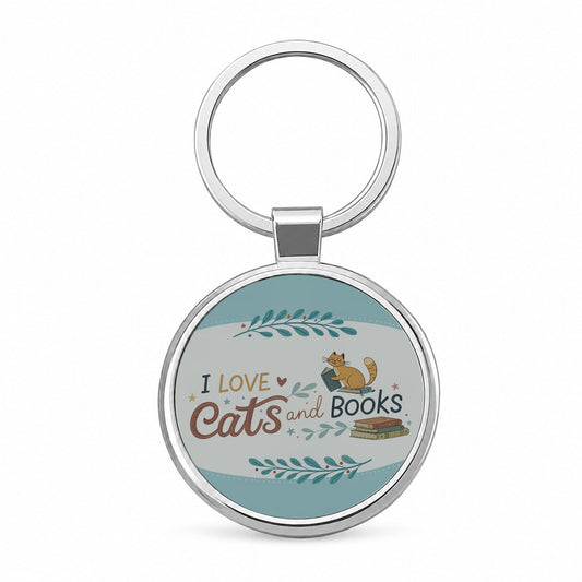 I Love Cats Books Reader Round Metal Keychain