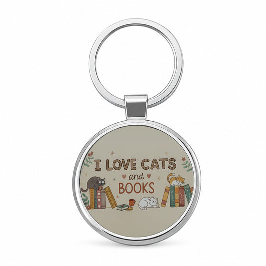 I Love Cats Books Sweet Round Metal Keychain