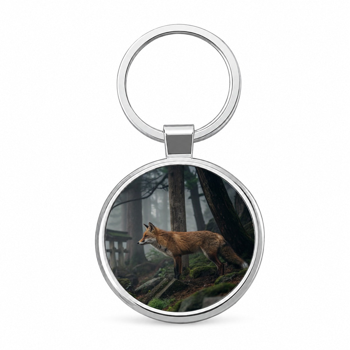 Japanese Fox Woodland Round Metal Keychain