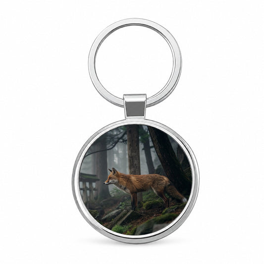 Japanese Fox Woodland Round Metal Keychain
