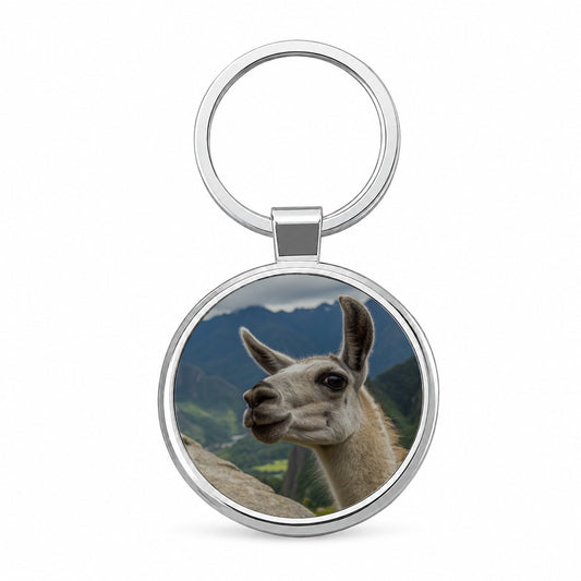 Llama Highlands Round Metal Keychain