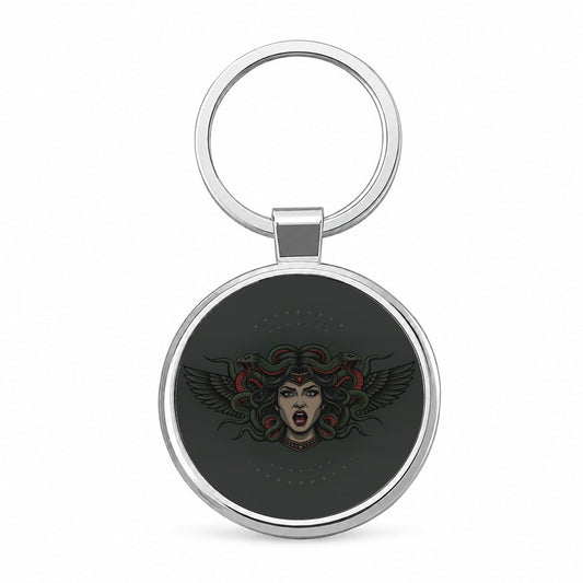 Medusa Gorgon Snake Tattoo Style Round Metal Keychain