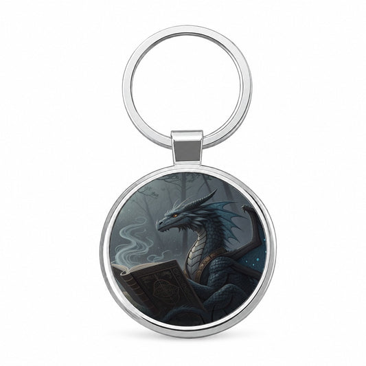 Misty Dragon Reading Book Round Metal Keychain