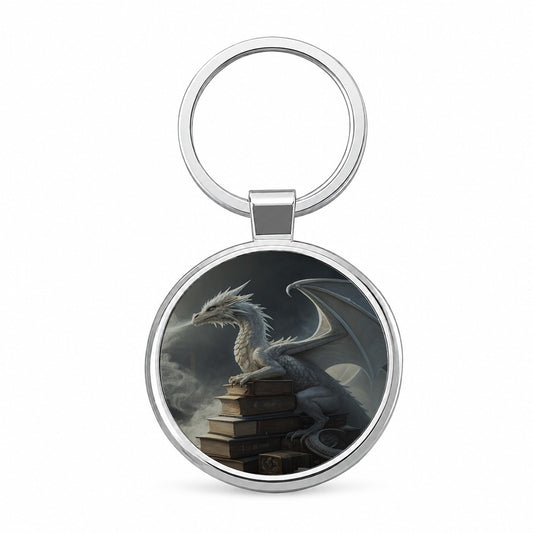Misty Dragon Sitting On Books Round Metal Keychain