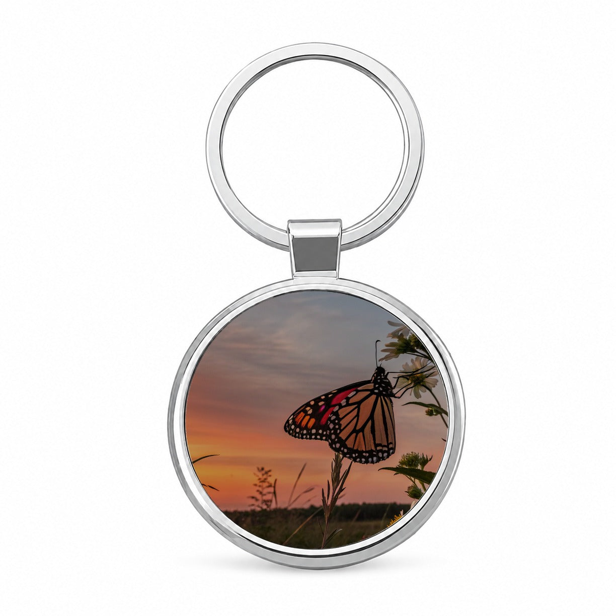 Monarch Butterfly At Sunset Round Metal Keychain