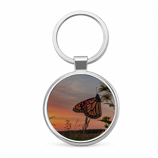 Monarch Butterfly At Sunset Round Metal Keychain
