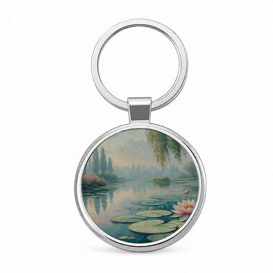 Monet Style Water Lilies Round Metal Keychain