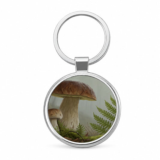 Mushroom Fern Botanical Art Round Metal Keychain