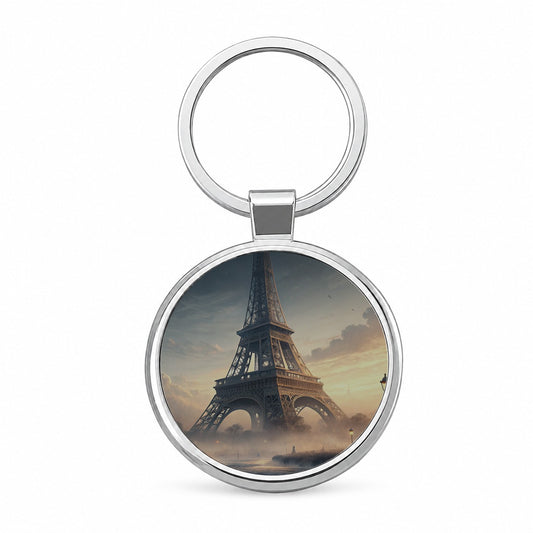 Paris France Eiffel Tower Mist Round Metal Keychain
