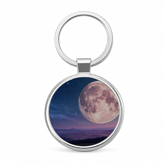 Pastel Moon At Night Round Metal Keychain