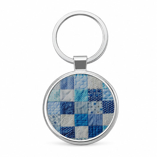 Patchwork Quilt Blue Round Metal Keychain