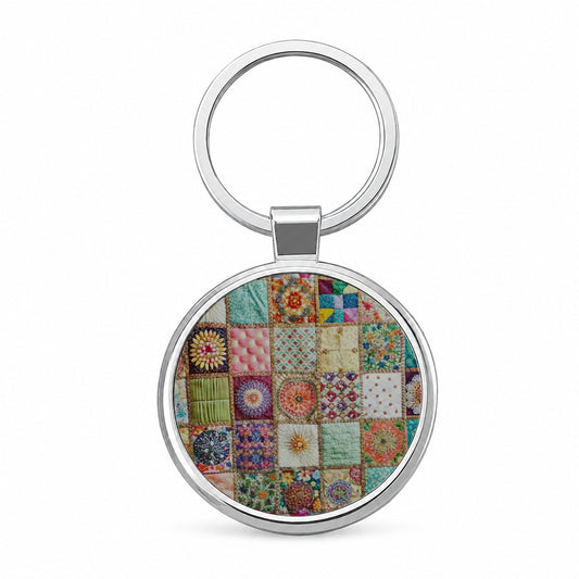 Patchwork Quilt Bohemian Round Metal Keychain