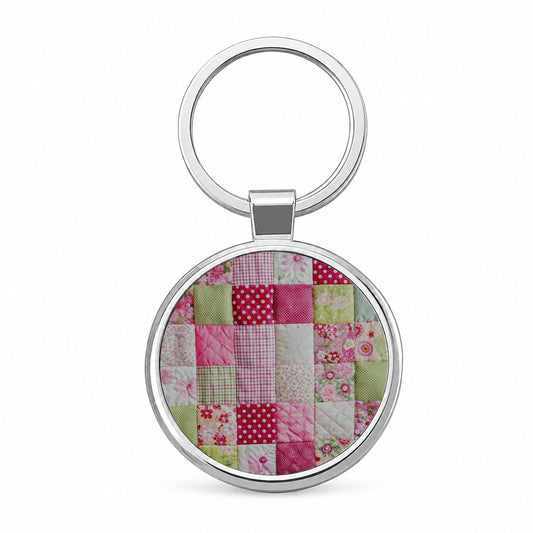 Patchwork Quilt Pink Round Metal Keychain