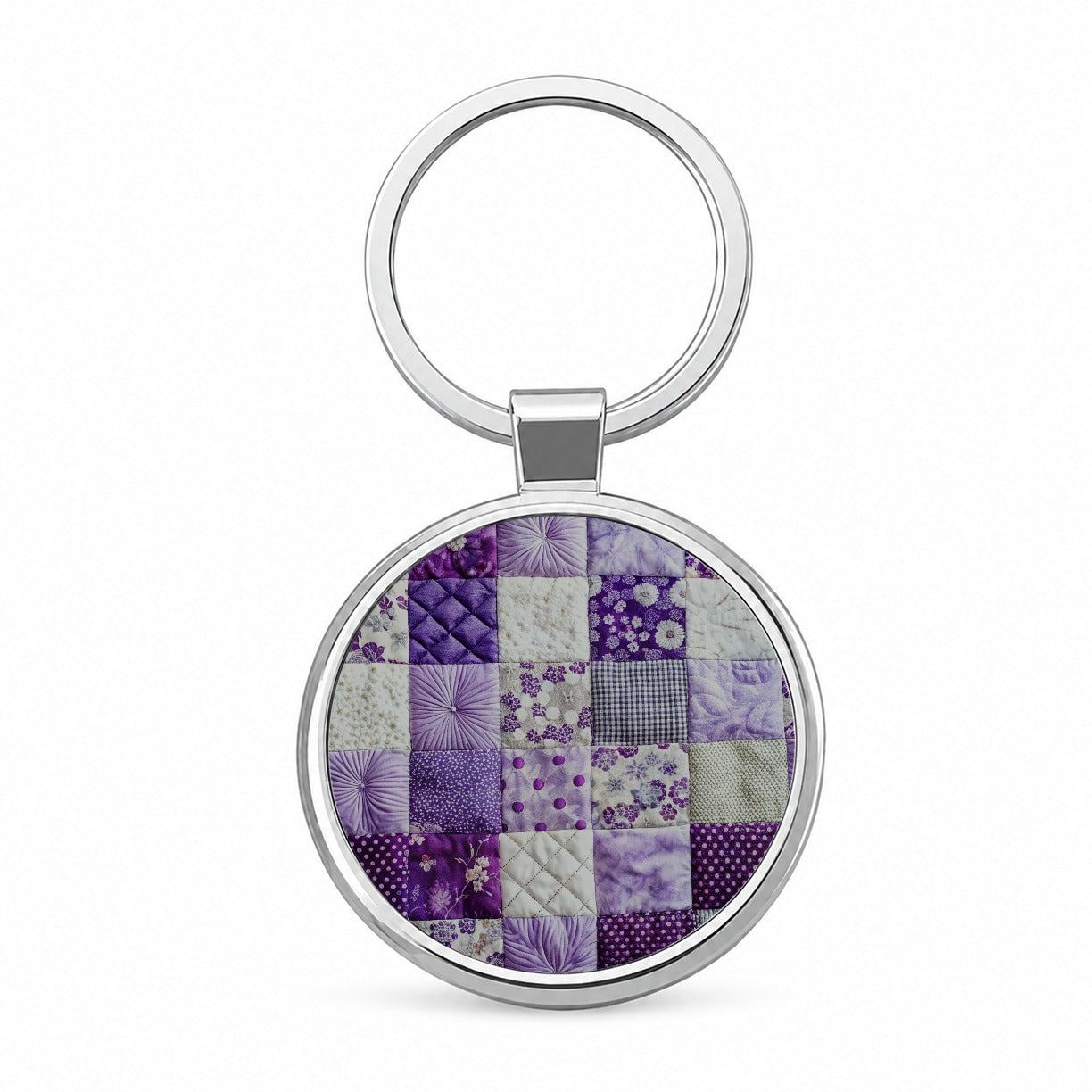 Patchwork Quilt Purple Round Metal Keychain