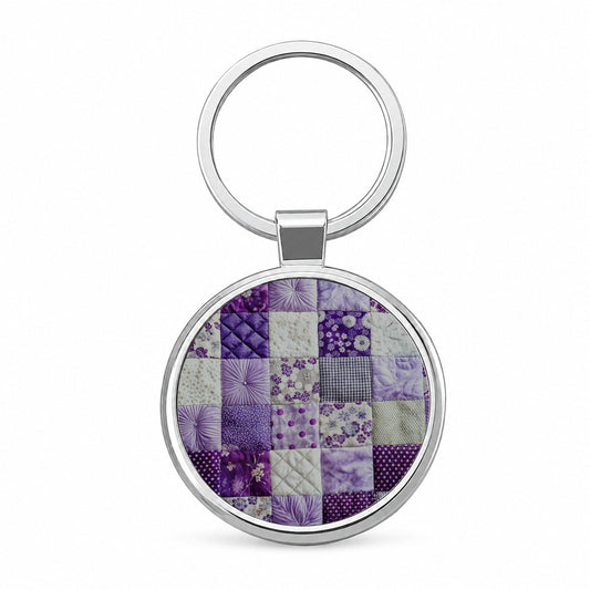 Patchwork Quilt Purple Round Metal Keychain