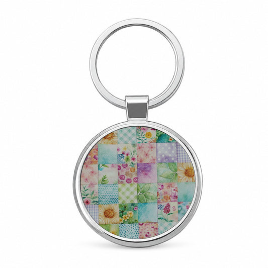 Patchwork Quilt Watercolor Round Metal Keychain