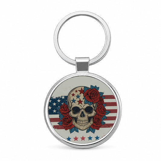 Patriotic Skull American Flag Distressed Round Metal Keychain