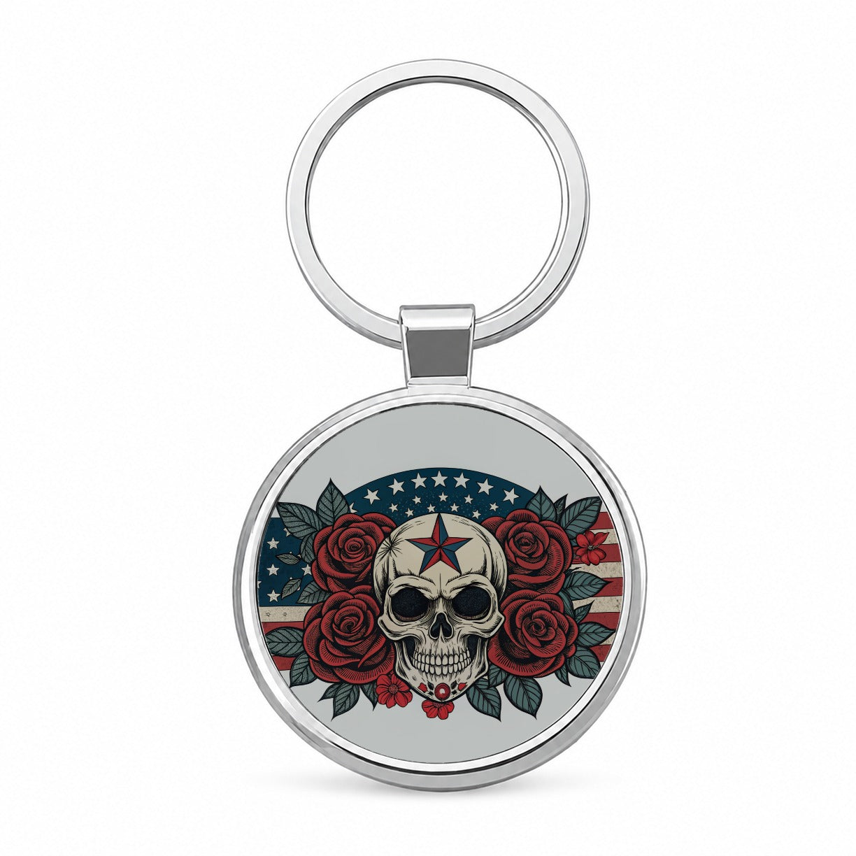 Patriotic Skull USA American Flag Round Metal Keychain