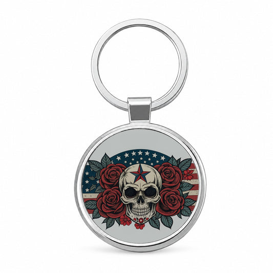 Patriotic Skull USA American Flag Round Metal Keychain