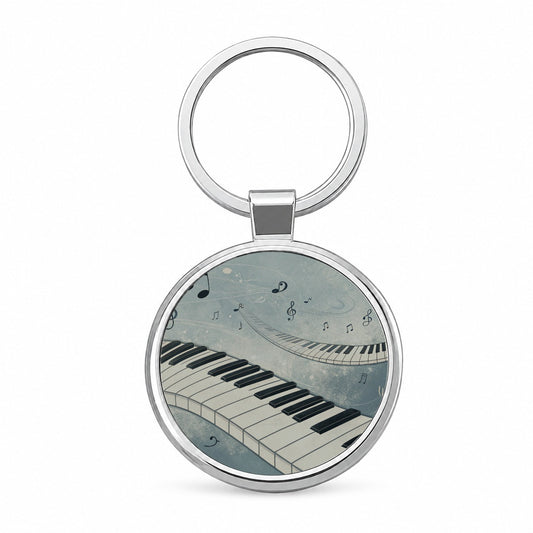 Piano Music Flowing Keys Round Metal Keychain