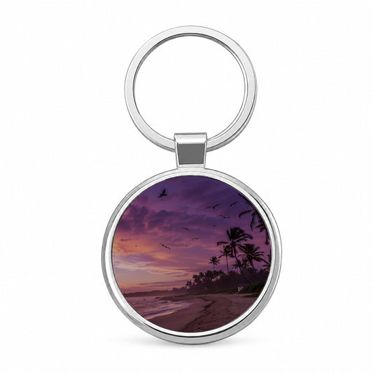Purple Sunset On Beach Round Metal Keychain