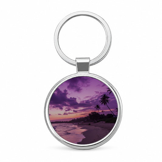 Purple Sunset Seascape Beach Round Metal Keychain