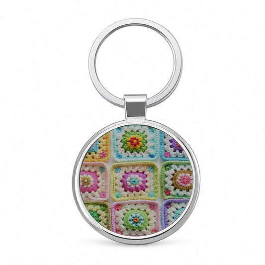 Rainbow Crochet Granny Squares Round Metal Keychain