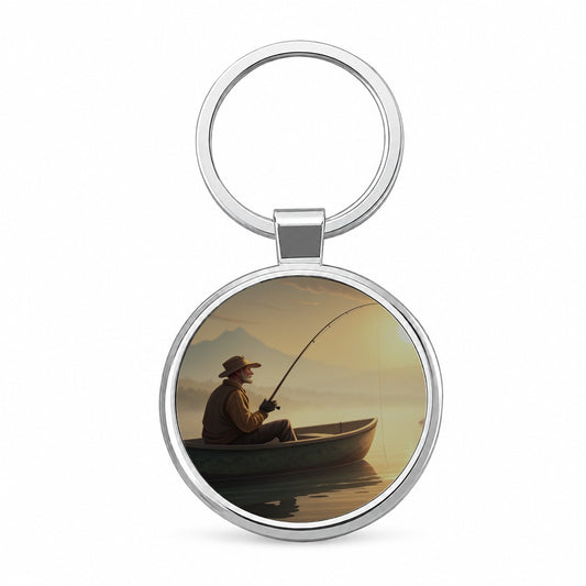 Relaxed Fisherman Lake Sunrise Round Metal Keychain