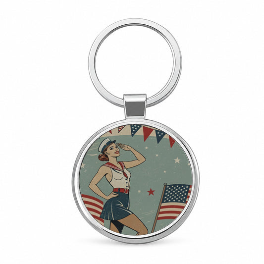 Retro Patriotic Pinup Style USA America Round Metal Keychain