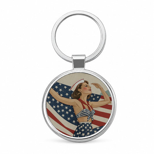 Retro Summer Sailor Pinup USA America Round Metal Keychain