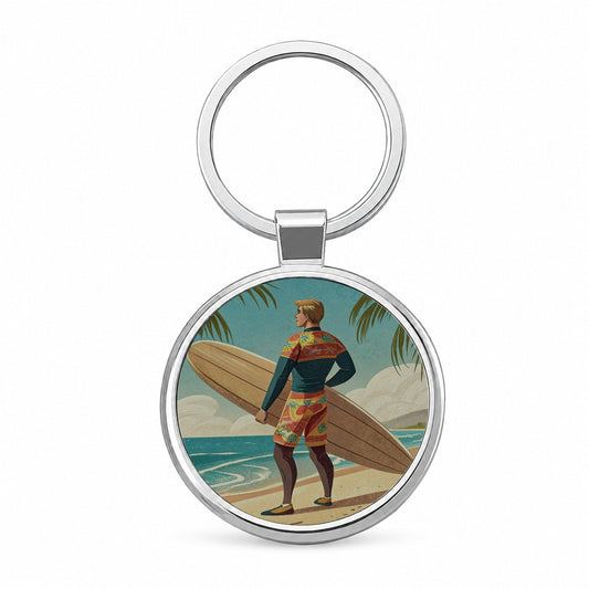 Retro Surfer Beach Scene Round Metal Keychain