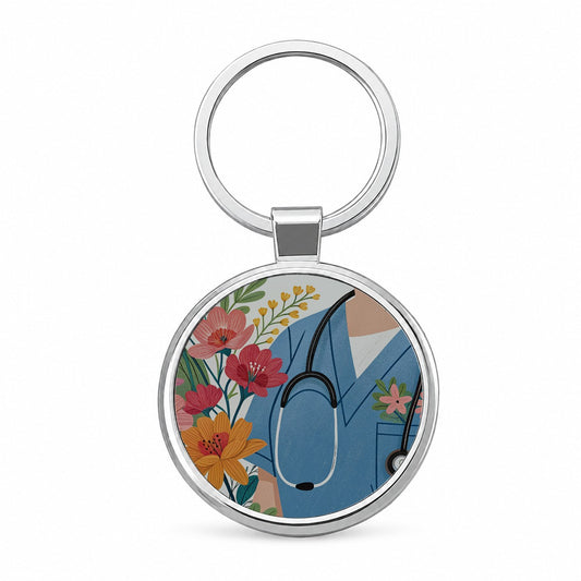 RN LVN Floral Nurse Round Metal Keychain
