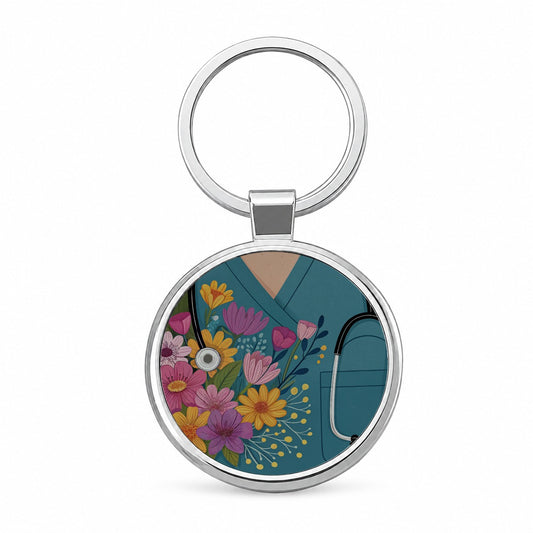RN LVN Nurse Flowers Round Metal Keychain