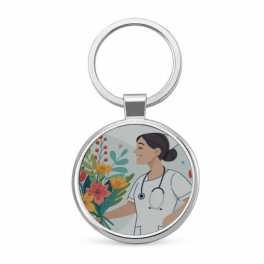 RN LVN Nurse Nursing Flowers Round Metal Keychain