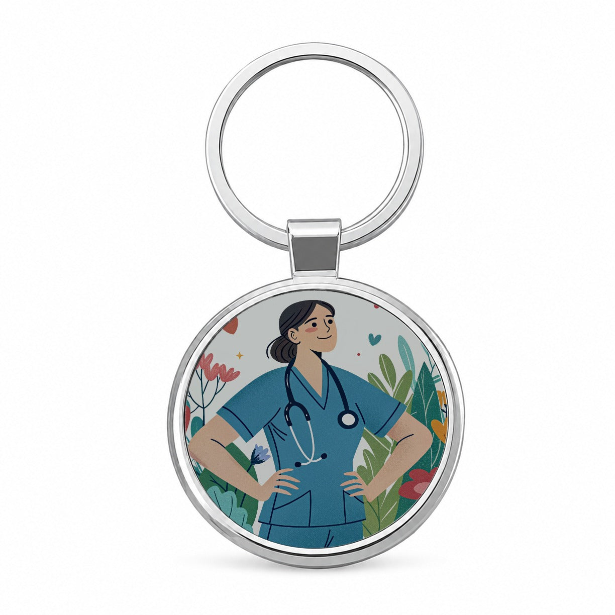 RN LVN Wildflower Nurse Round Metal Keychain