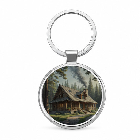Rustic Hunting Lodge Log Cabin Round Metal Keychain