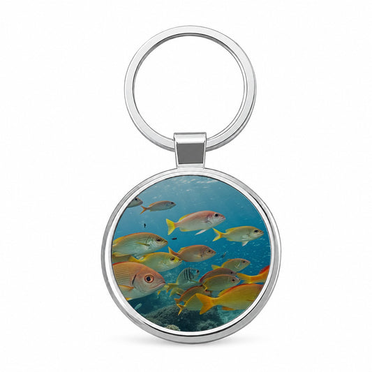 School of Fish Underwater Tropical Round Metal Keychain