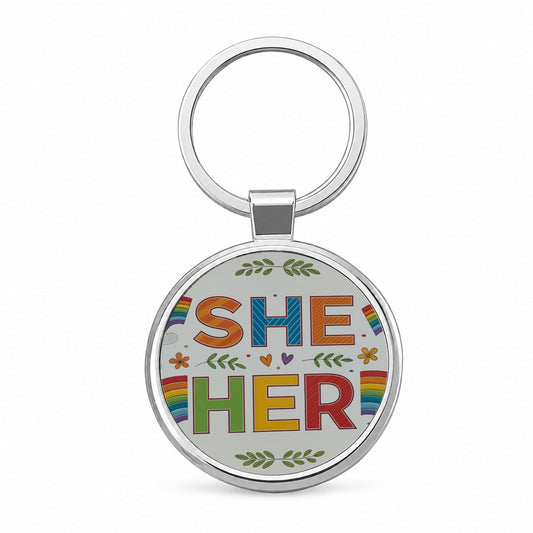 She Her Rainbow Pride Round Metal Keychain