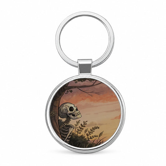 Skeleton Meadow Sunset Halloween Round Metal Keychain