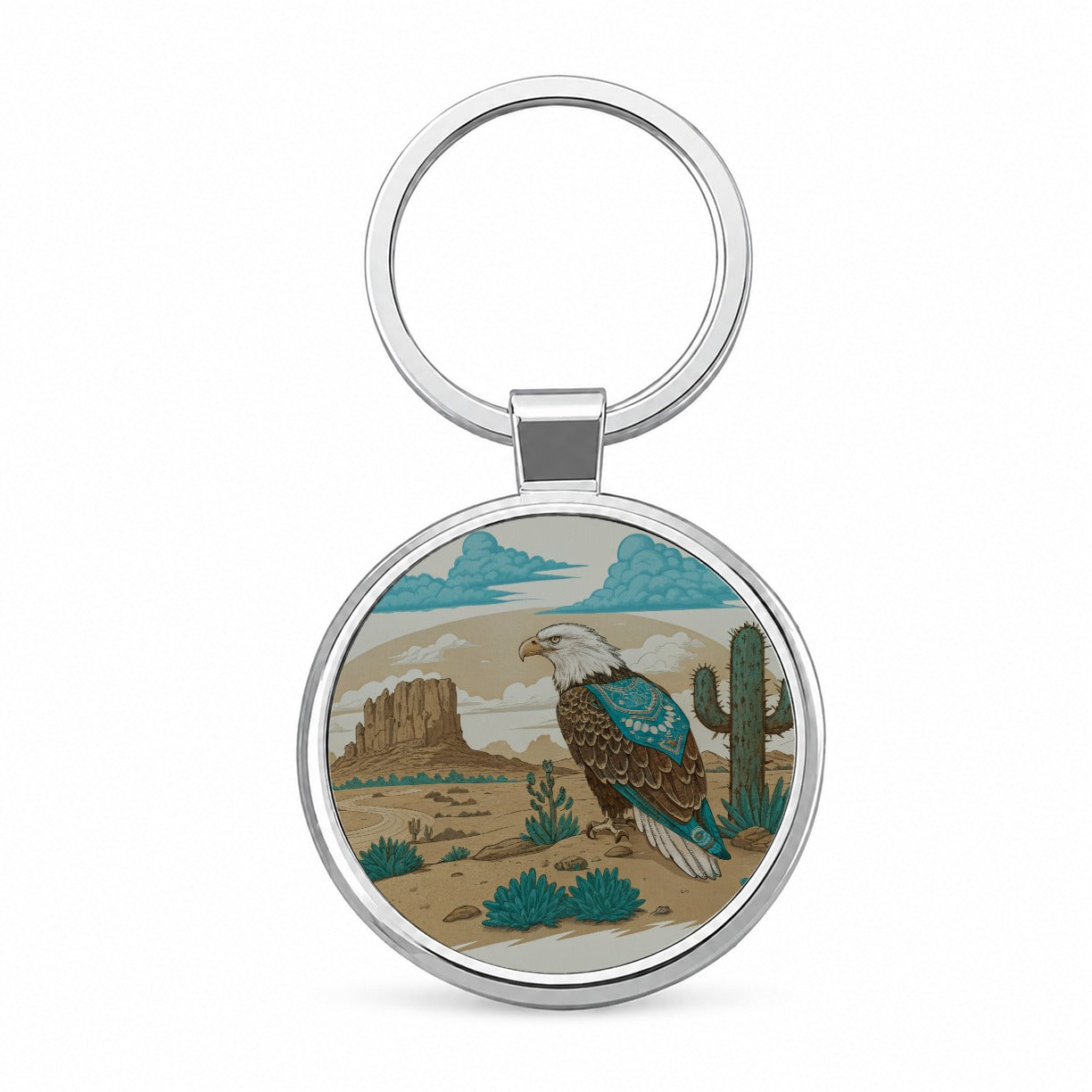 Southwestern Bald Eagle Desert Round Metal Keychain