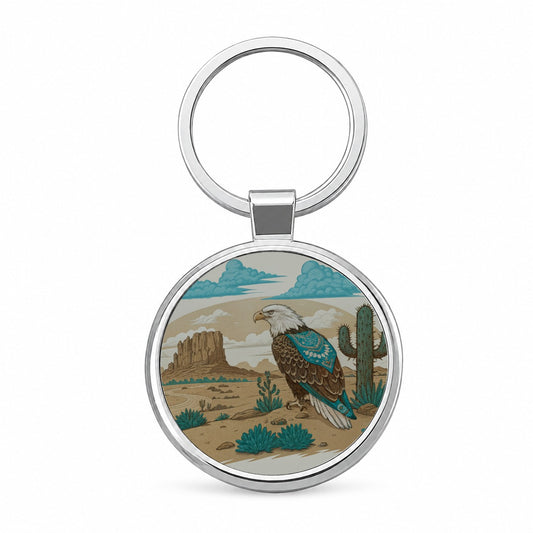 Southwestern Bald Eagle Desert Round Metal Keychain