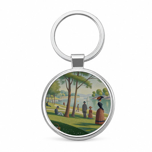 Sunday in the Park Seurat Inspired Round Metal Keychain